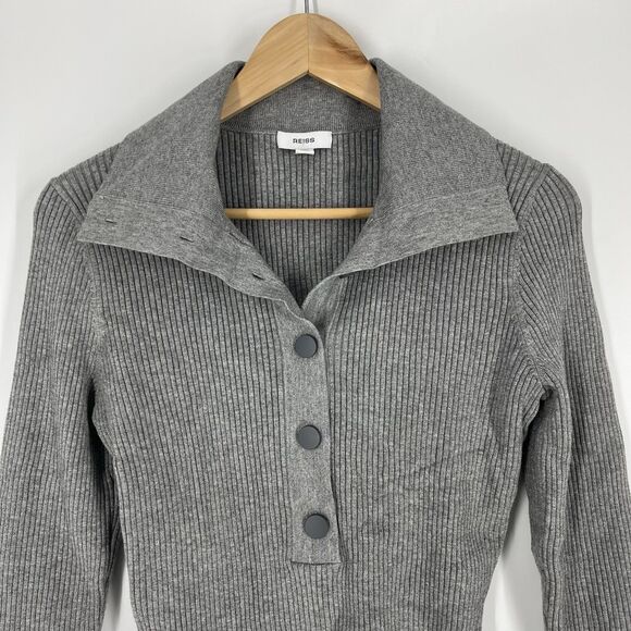 Reiss Maia Sweater Size Large Women Gray Ribbed Bodycon Henley Classic Old Money - Picture 2 of 7
